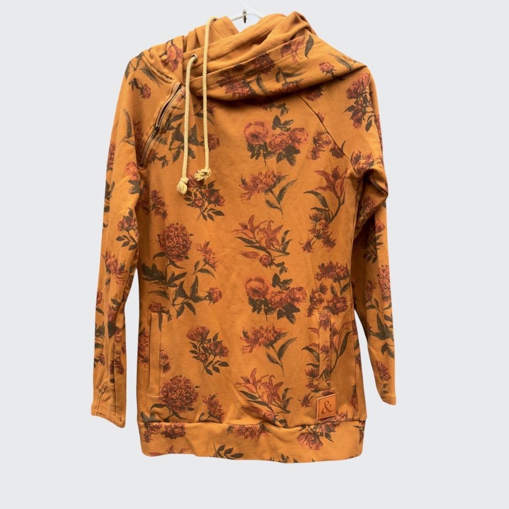 Ampersand Avenue Womens Floral Double Hood Hoodie Mustard Pullover Sweatshirt
